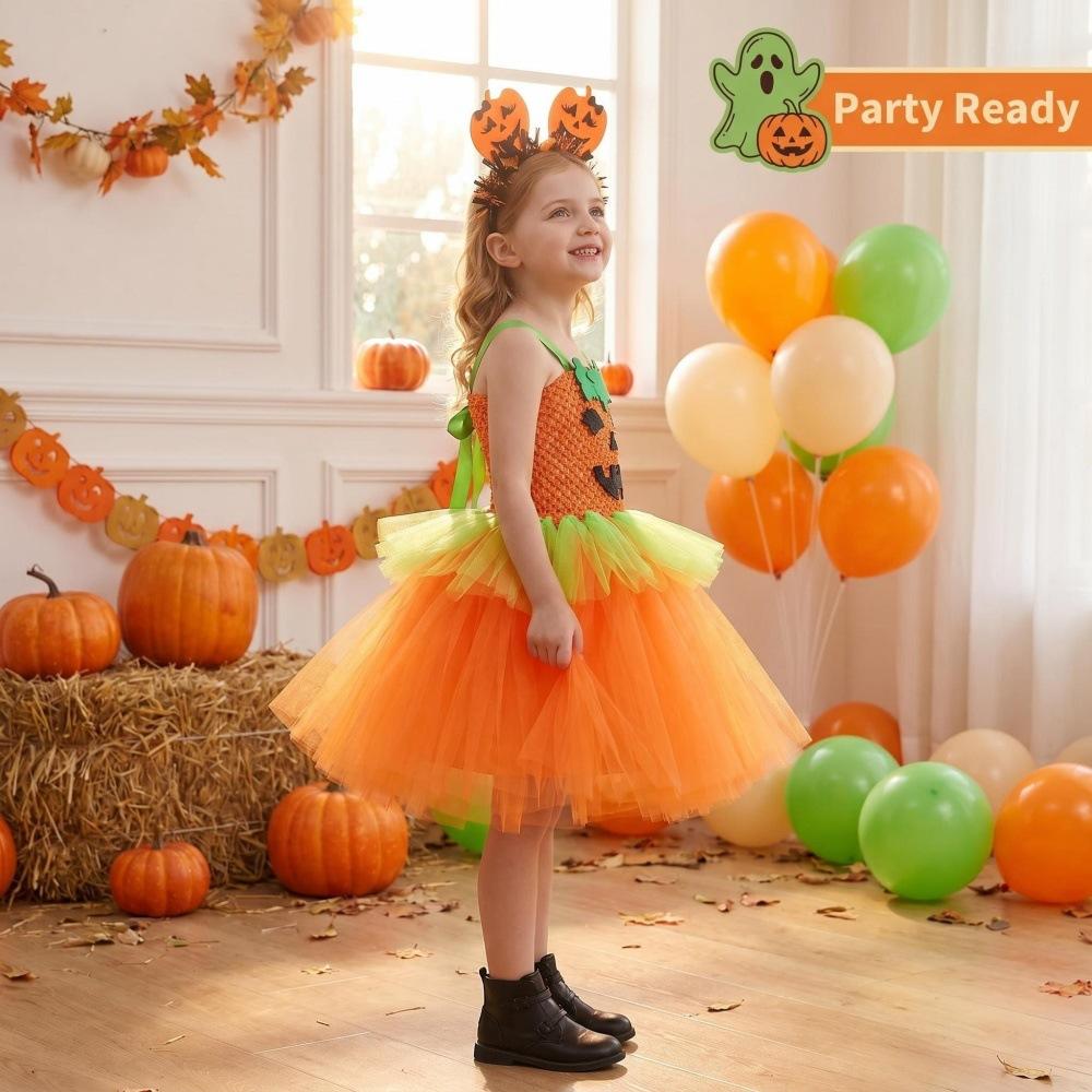 Vestido Tutú de Calabaza Disfraz de Halloween para Niñas Falda de Tul Vestido de Fiesta con Diadema y Bolsa de Calabaza Set para Festival Actuación en Escenario