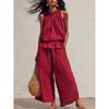 Damen Baumwolle Leinen Zweiteiler Ärmelloses Oberteil mit Rüschensaum Cropped Hose mit weitem Bein Lässiges Sommerurlaubs-Outfit