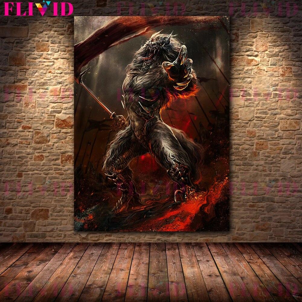 Flying Fox,Raven Winged Cat,Gold Mule-Deer Vintage Wall Art Canvas Painting Mysterious Magical Creature Art Poster Print Decor No Frame