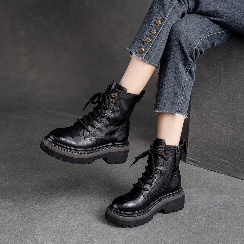 Autumn Winter Genuine Leather Platform Martin Boots for Women Distressed Finish Chunky Sole Side Zipper Ankle Boots