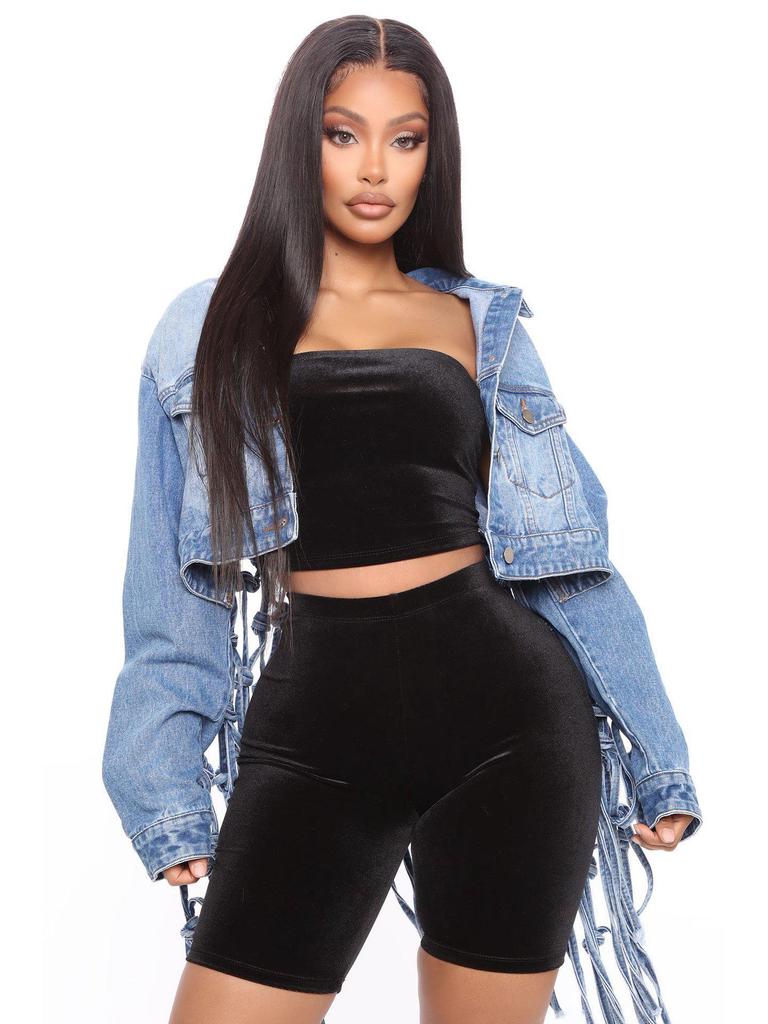 2024 Nová dámská džínová bunda se síťovinou a třásněmi