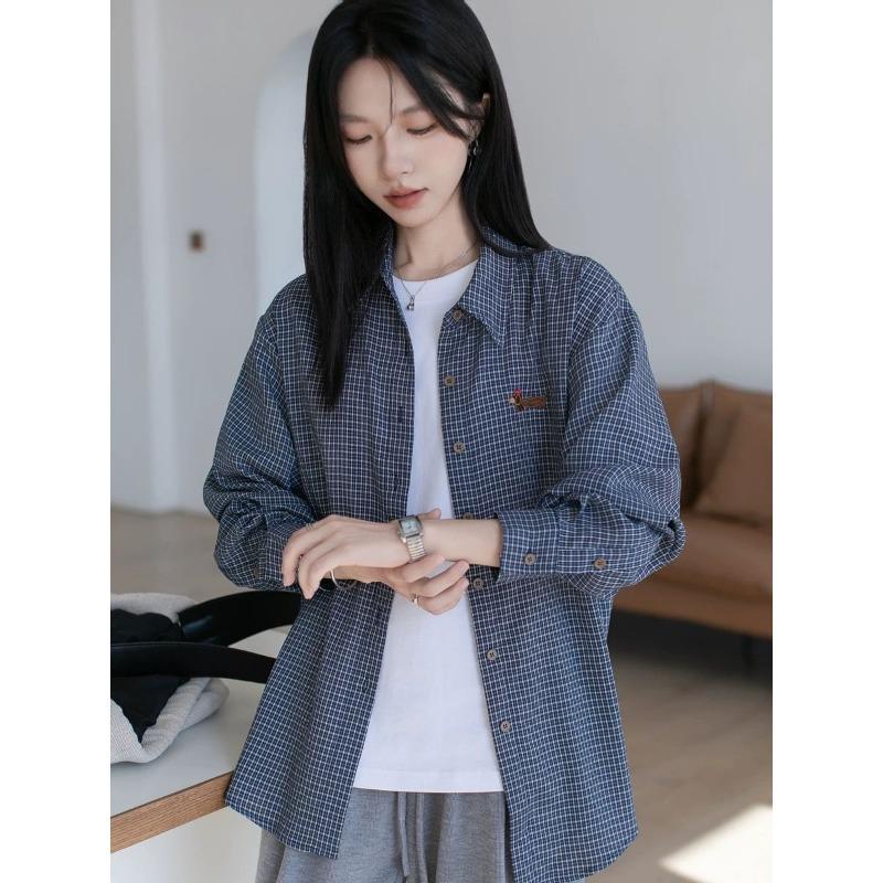 Blue Plaid Long Sleeve Shirt Women's Jacket Retro Loose Contrast Color  Button Top
