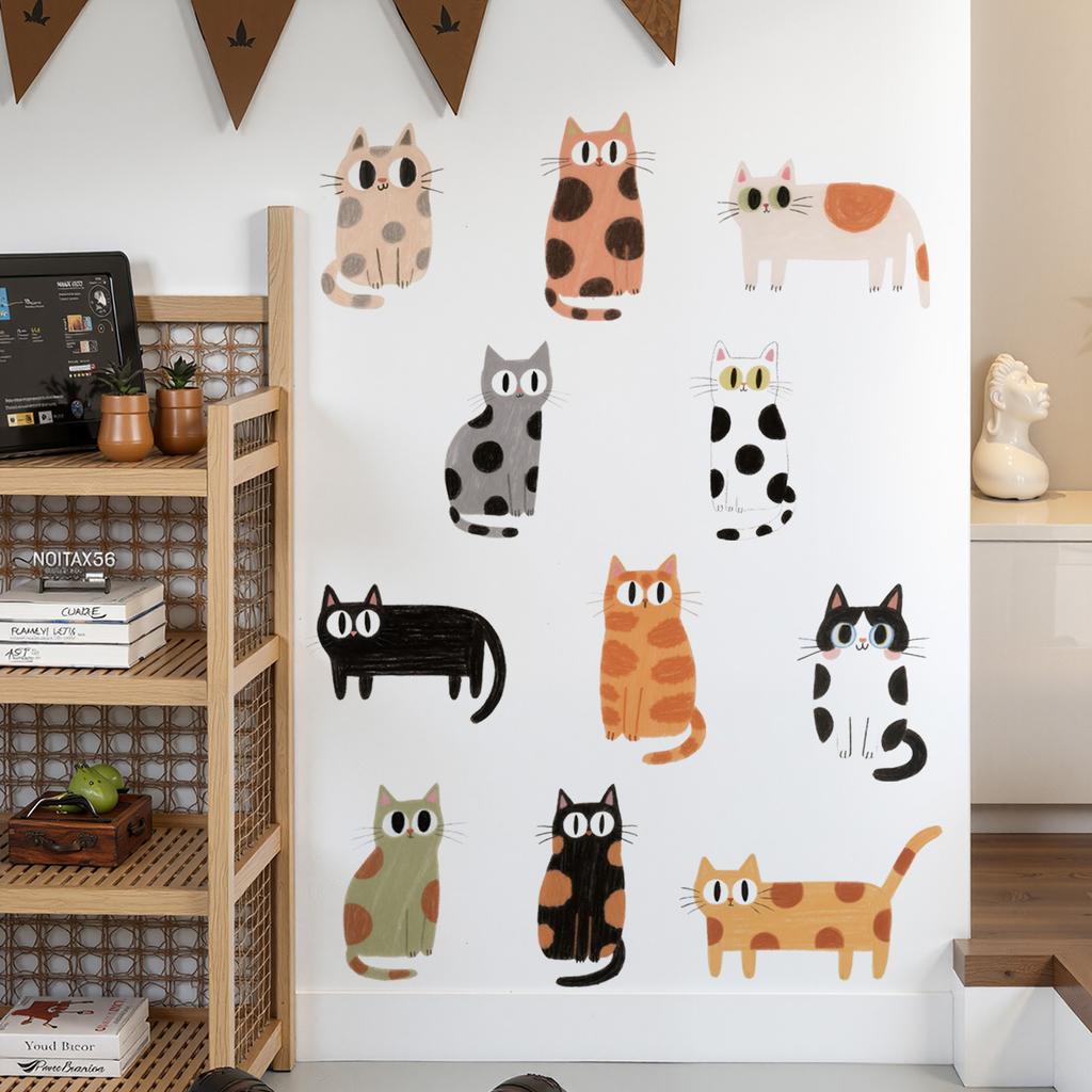 Cute Cat Wall Stickers for Kids Room Removable Self Adhesive Animal Wall Decor Cartoon Kitty Nursery Decals