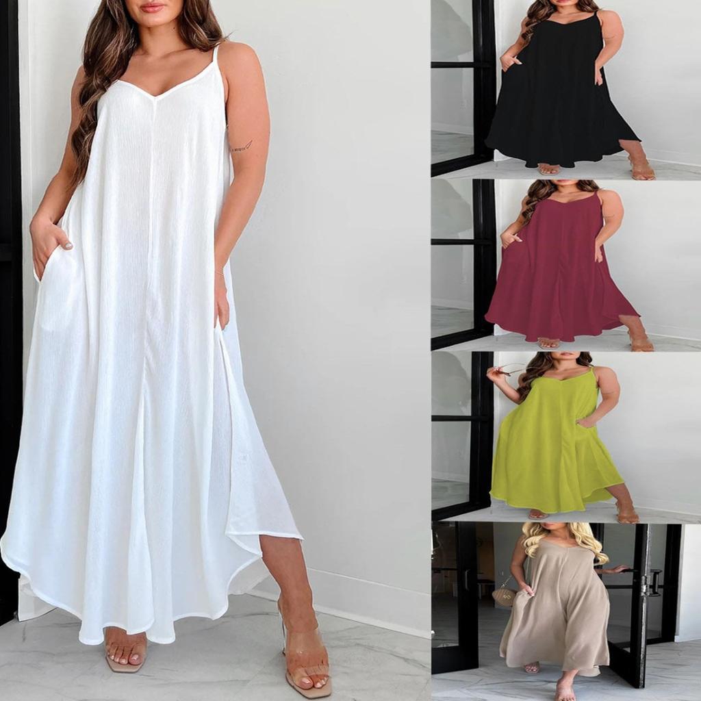 Women's Solid Color Loose V-neck Spaghetti Strap Irregular A-line Maxi Dress Summer Casual Long Dress for Leisure