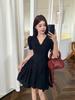 Plus Size Elegant Hollow Patchwork Black Dress, Short Sleeve, French Style, Waist-Cinching Slimming
