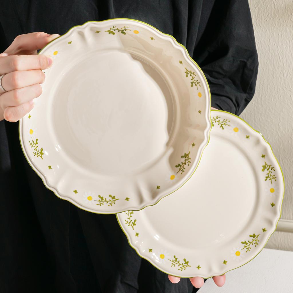 Lace Small Fresh Tableware High Value Ceramic Bowl Underglaze Color Household Bowl Set Large Capacity Binaural Bowl