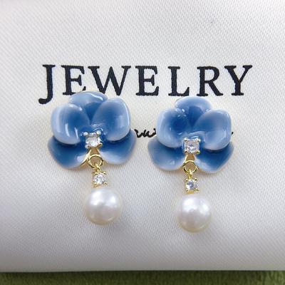 New Chinese-Style Gradient Blue Phalaenopsis Freshwater Pearl Stud Earrings for Women