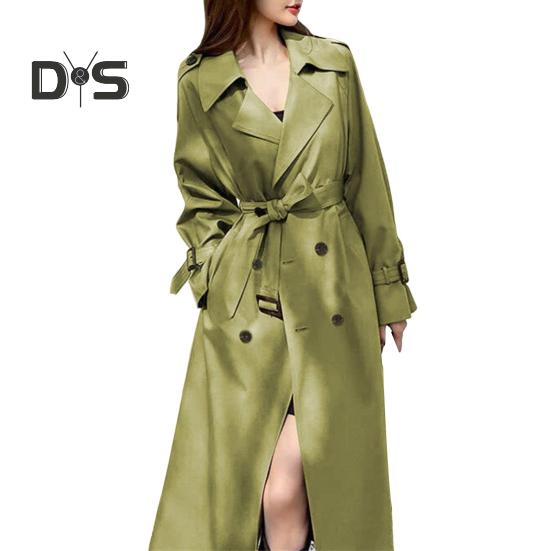

Женское двубортное длинное пальто-тренч, ветрозащитное тонкое пальто с лацканами и поясом, ветровка, куртка на весну и осень S трава зеленый