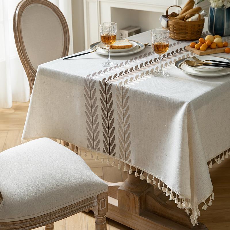 Embroidery High-Grade Waterproof Cotton And Linen Fabric Dining Table Cloth Rectangular Fringe Simple Tablecloth