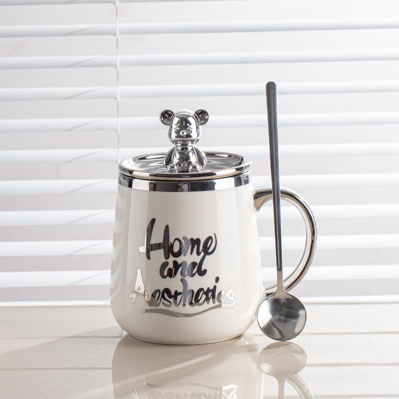 

Кружка с крышкой и ложкой, керамическая чашка для женщин и мужчин для домашнего использования, красивая, офисная, для завтрака, для кофе, для пары, чашка для воды, для пары 301-400ml