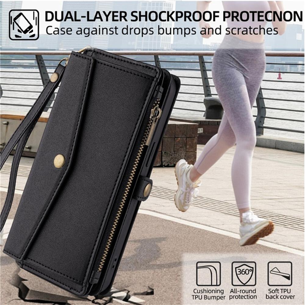 For Motorola Moto G06 4G Case Card Slots Zipper Purse PU Leather Phone Cover with Shoulder Strap