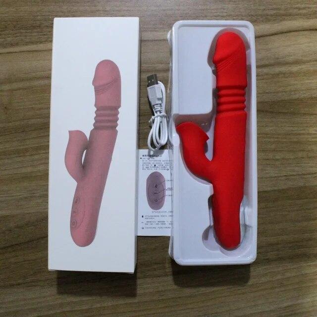 Double Tongue Vibrating Dildo with Warming Telescopic Rotating Vibrator for Woman Anal Vaginal Clitoris Stimulator Sex Toys