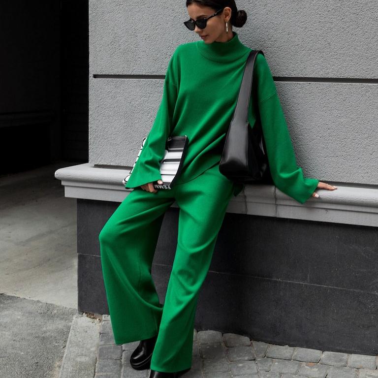 GMXIA Women's Half Turtleneck Sweater Set Irregular Bevelled Sweater + Knitted Wide Leg Pants Two Piece Set