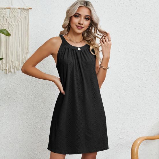 Summer Women Dress Hollow Out Off Shoulder Sleeveless Crochet Solid Color Pleated Loose Vacation Beach Sundress Daily Soft Mini Dress