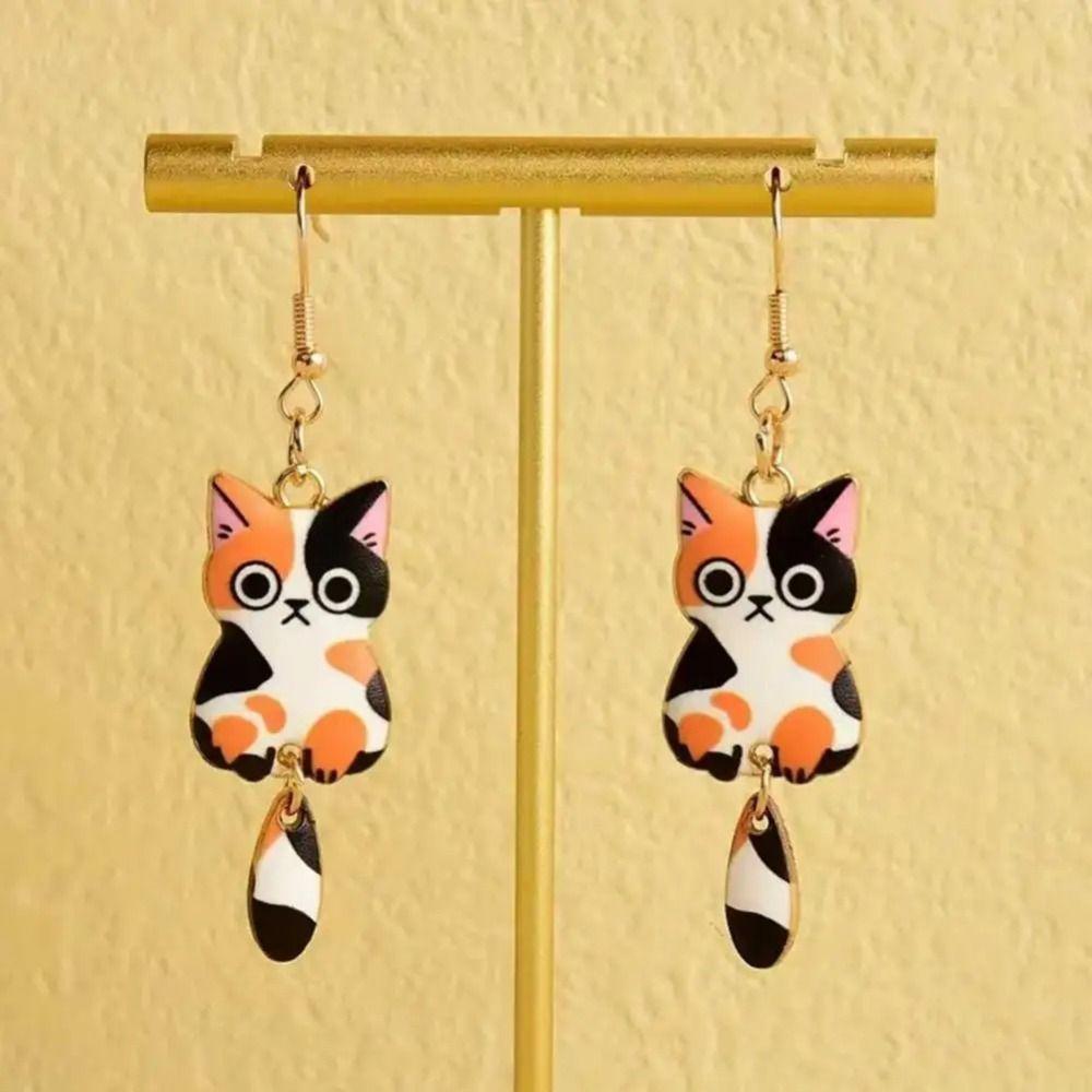 Animal Theme 3D Cat Earrings Enamel Zinc Zinc Alloy Cartoon Animal Earrings Cat Dangle Earrings  Jewelry Set