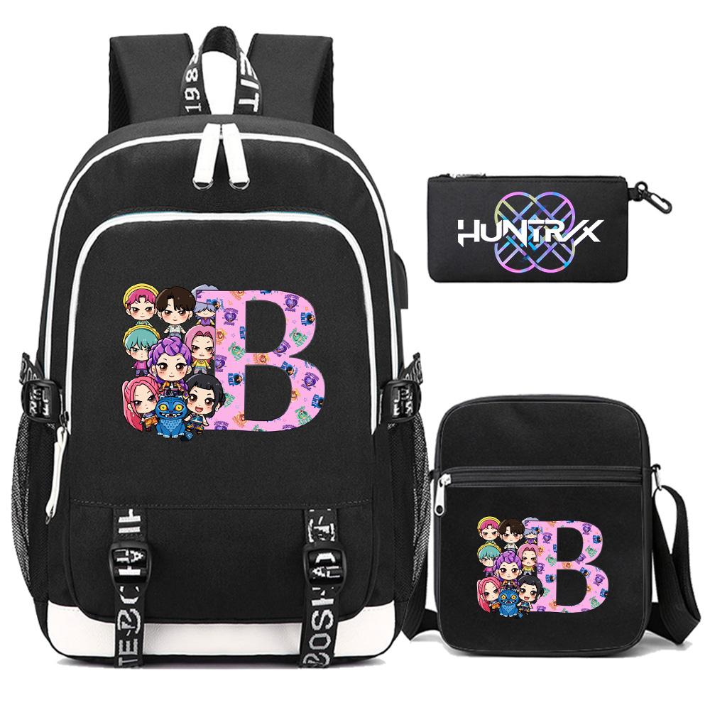 3Pcs/set 26 English Letter Kpop Printed Backpack with Shoulder Bag Pencil Case for Teenager Girl Boy Bookbag Large Capacity Waterproof Travel Bag