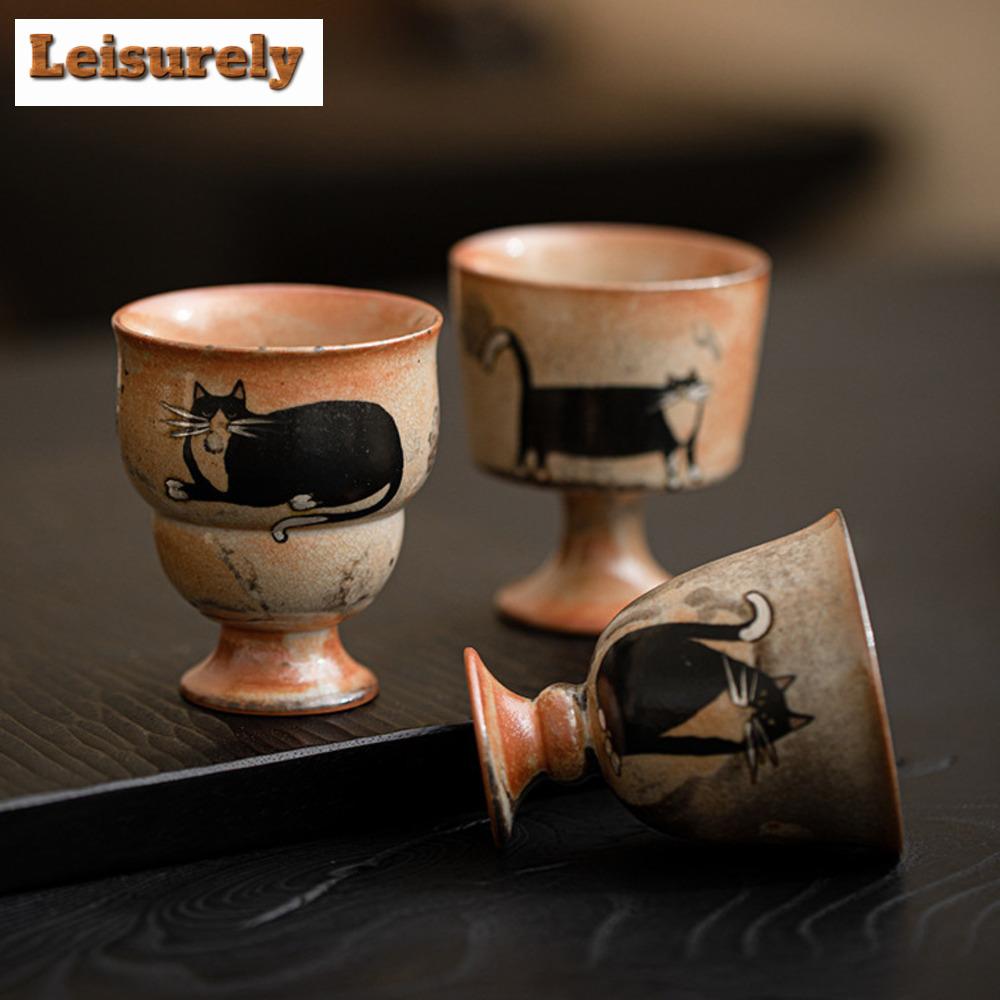 Japanische Ofenbrand Zhiye Katze Keramik Teetasse Retro Holzgebranntes Porzellan Große Meistertasse Hoher Fuß Probierbecher Kung Fu Teeset