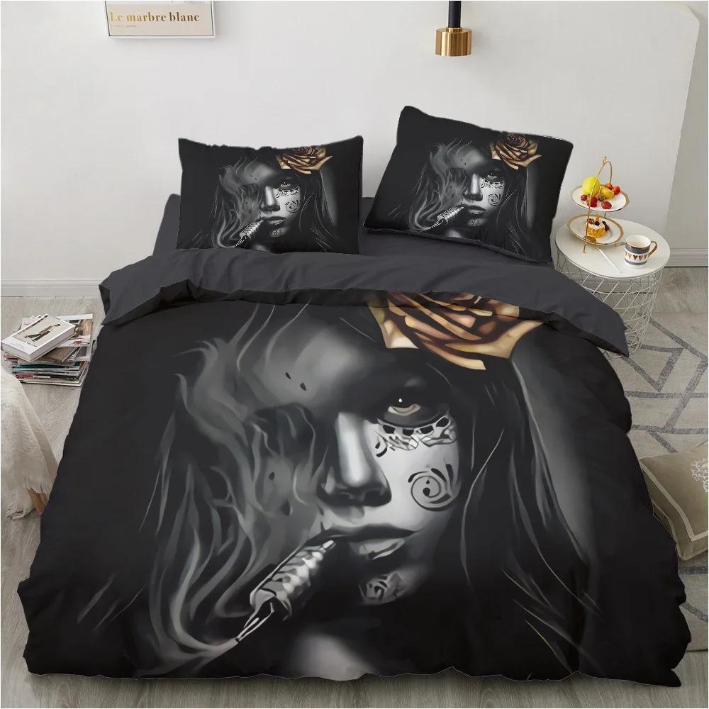 Skull Gothic Duvet Cover Set, Day of The Dead Sugar Skull Bedding, Soft Quilt Cover Pillowcases for Adults Teens