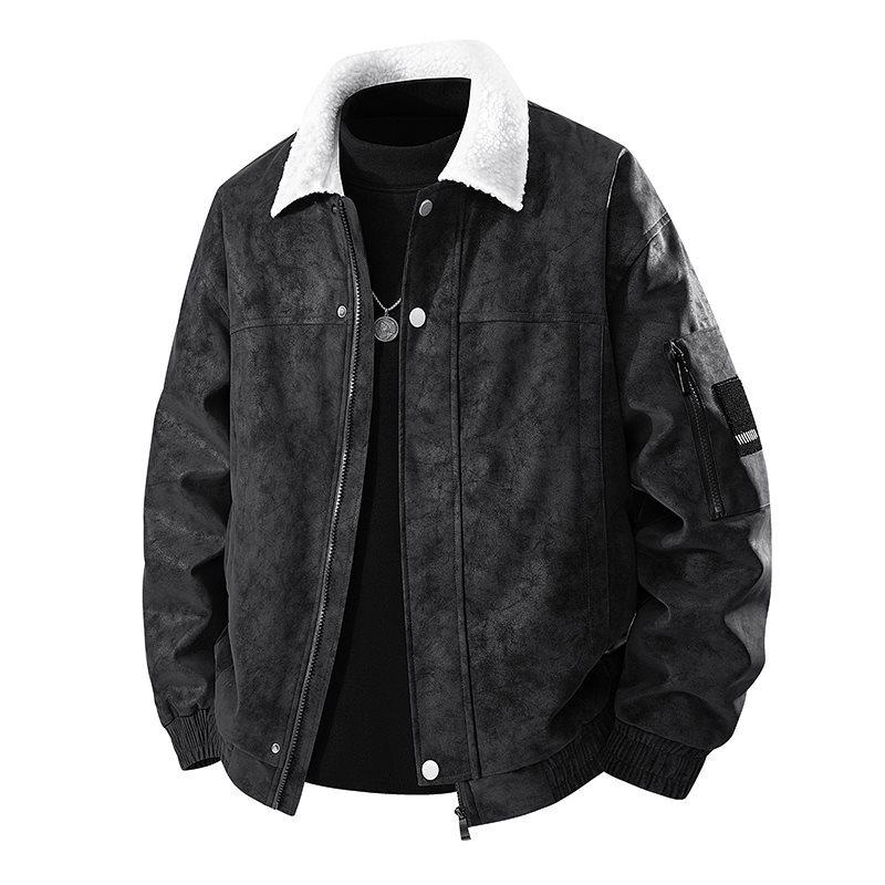 

Осенне-зимний воротник, утолщенный из овечьей шерсти и замши, ретро-замшевая куртка для работы на открытом воздухе, теплая и свободная куртка M чёрный