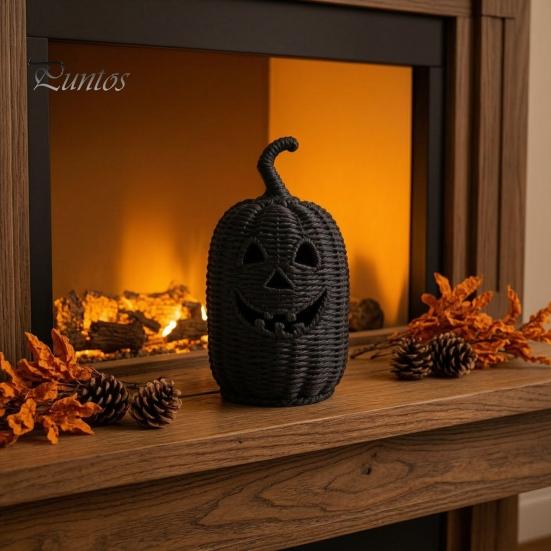 Black Braided Halloween Prop Handwoven Pumpkin Basket with Witch Hat Lid, Rustic Wicker Trick Fall Housewarming Gifts or Treat Bucket for Indoor