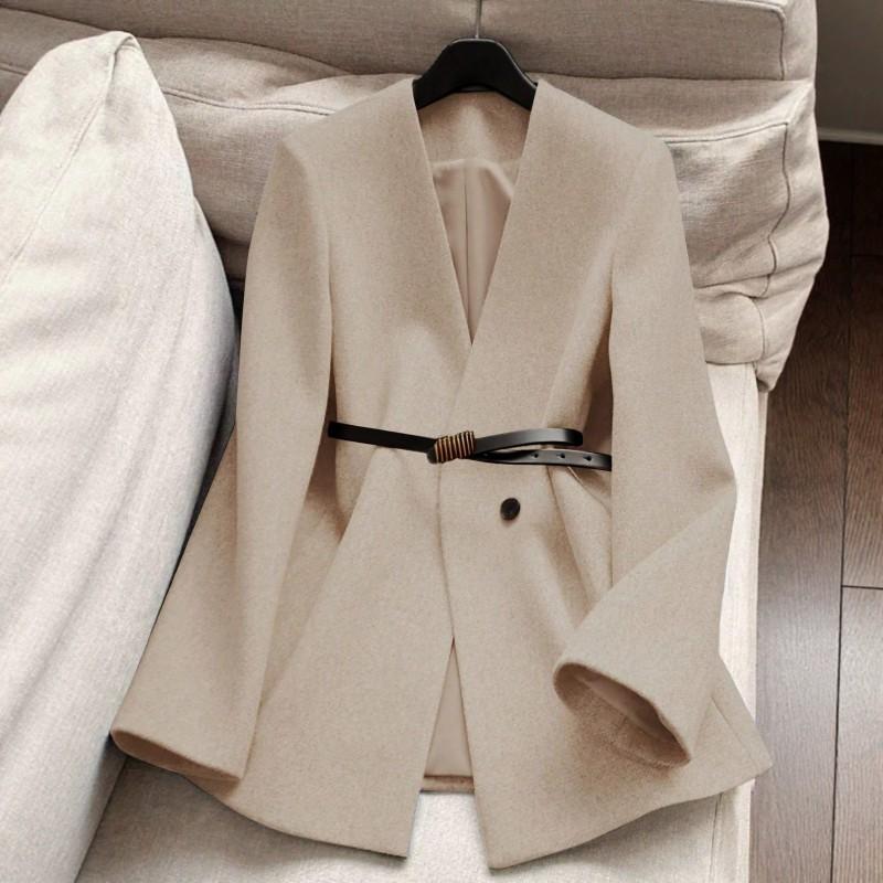 Womens Stand Collar Waist-Cinched Mid-Length Coat With Lining Elegant Office Wear 2026