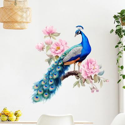 Selbstklebender Wasserdichter Wandaufkleber Pfau mit Pfingstrose und Ästen für Wohnzimmer Schlafzimmer Flur Heimdeko