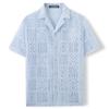 Men Hollow Out Floral Textured Cuban Collar Short Sleeve Casual Button Up Shirt