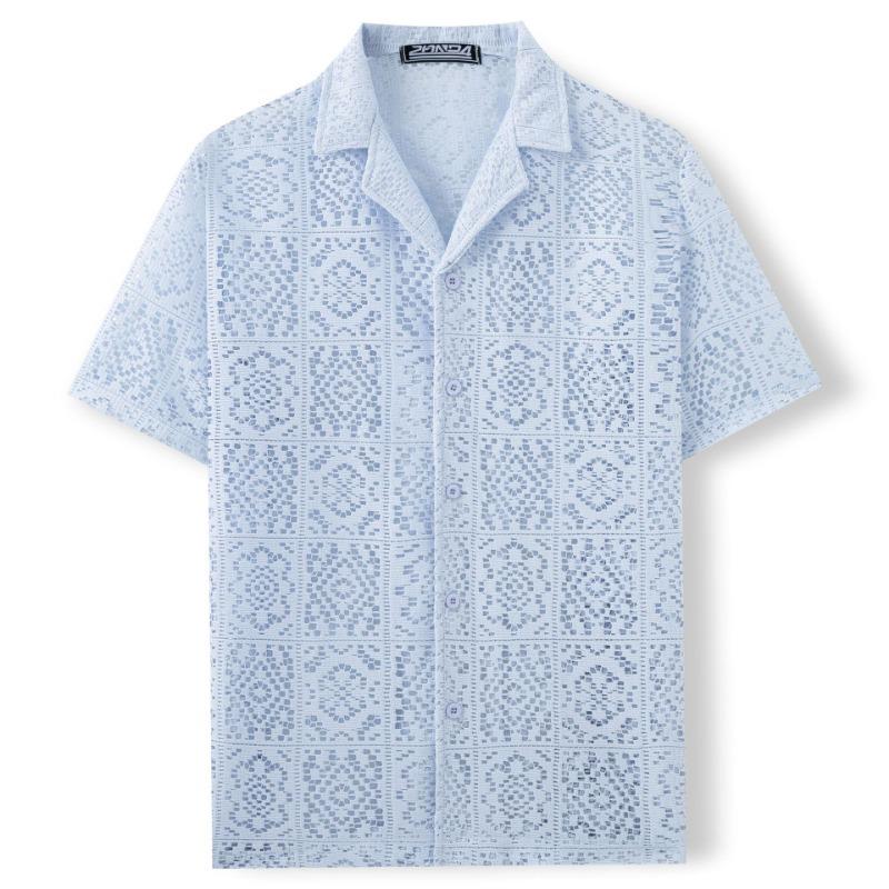 Men Hollow Out Floral Textured Cuban Collar Short Sleeve Casual Button Up Shirt