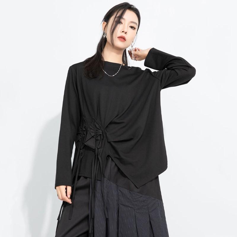 Tops casual larghi vintage neri a manica lunga asimmetrici da donna per primavera autunno t-shirt