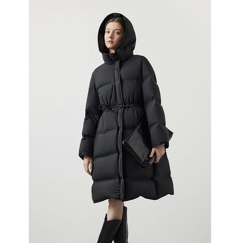 Autumn and winter new fashion hooded down jacket women's winter medium and long new waist rope drawstring to keep warm