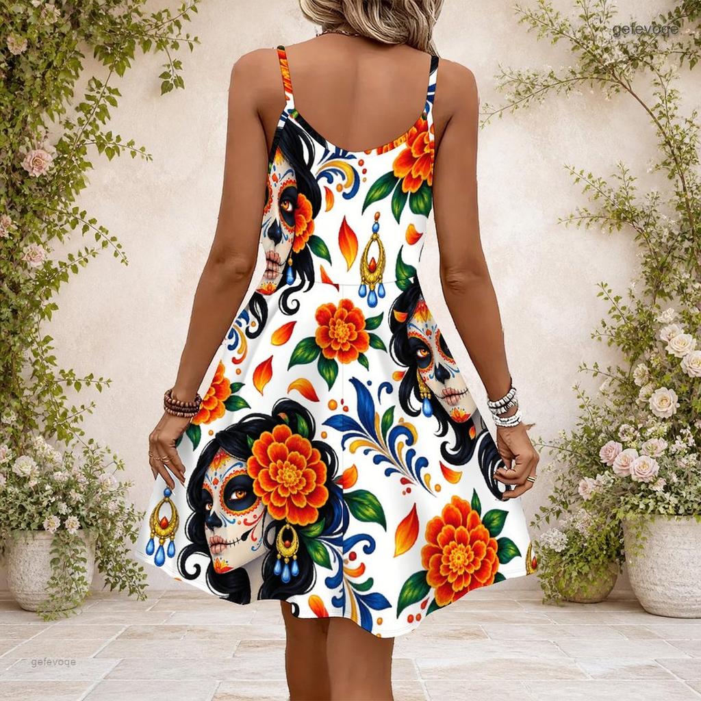 Women Plus Size V Neck Strappy Sleeveless Sugar Skull Floral Printed Gathered Waist Flared Dress