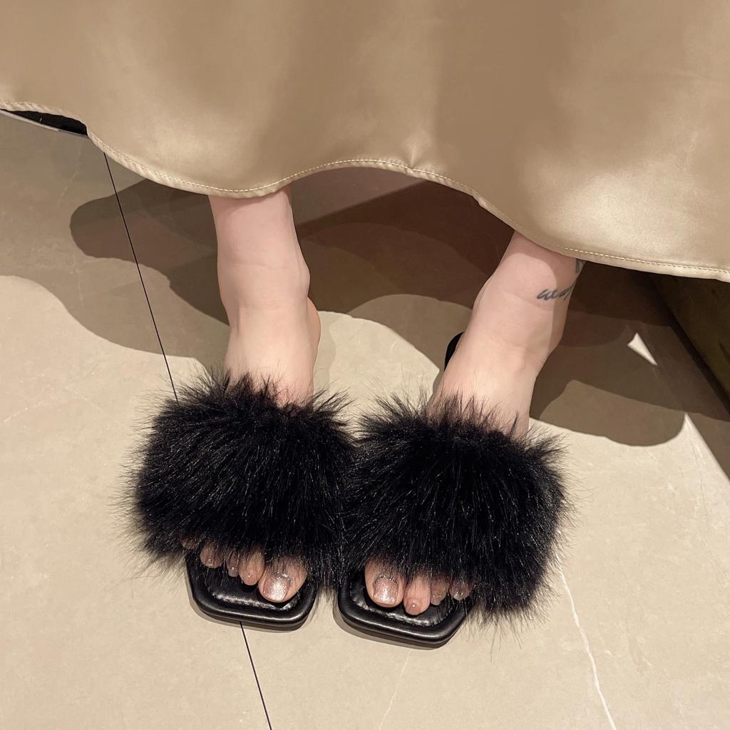 Fashion Summer Faux Fur Slippers Women Indoor Furry Fur Slides Female Plush Flip Flops Flats Sandals Casual Fluffy Slipper Outdoor Shoes