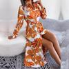 Spring Summer Women Floral Lace Up Polo Collar Dress Long Single Breasted Contrast Style Shirt Dress For Ladies