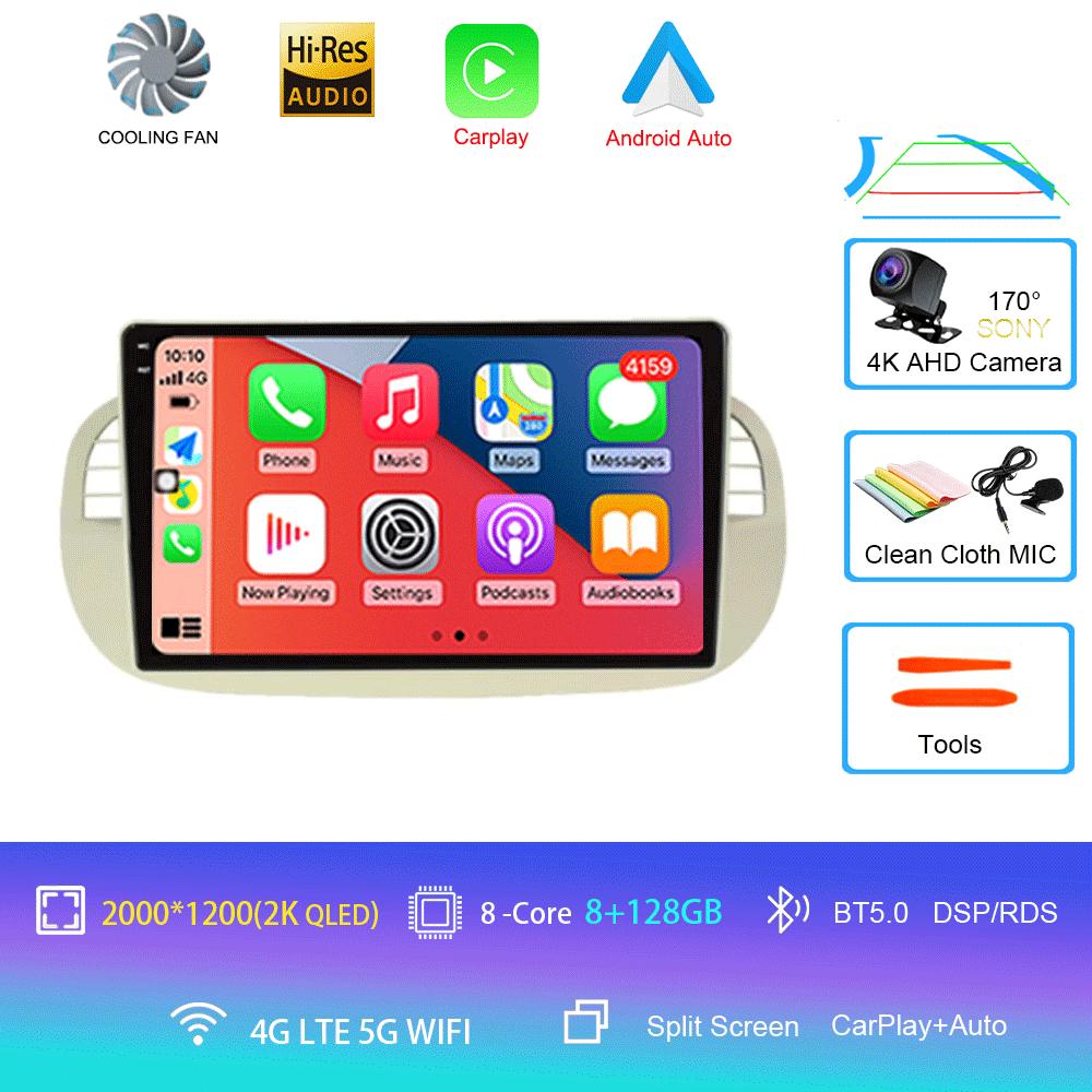 Car Radio Android 14 For Fiat 500 Navigation GPS Multimedia Player Stereo 5GWiF+4G SIM BT Wireless Auto Carplay 360 Camera 2 DIN