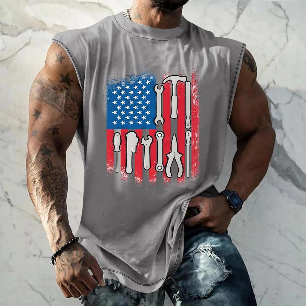 Men's Loose Fit Sleeveless Tank Top Casual Sportswear Muscle Shirt with Tool Print Graphic for Labor Day Outdoor Activities
