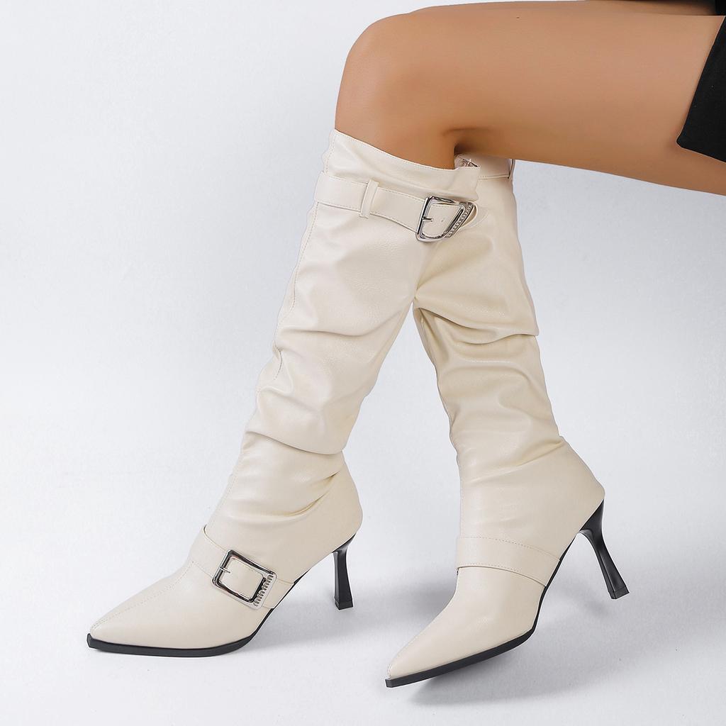 Fashion Fashion Metal Buckle Decor Long Boots for Women Solid Color Pointed Toe Autumn Knee High Boots Sexy Thin High Heel Party Shoes