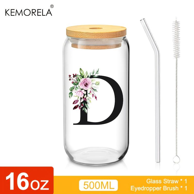 1 STÜCK 24 Buchstaben Glas Trinkbecher mit Bambusdeckel Strohhalm Individuelle Eiskaffeetasse 470ML Klares Mason Jar Bier Smoothie Cocktail