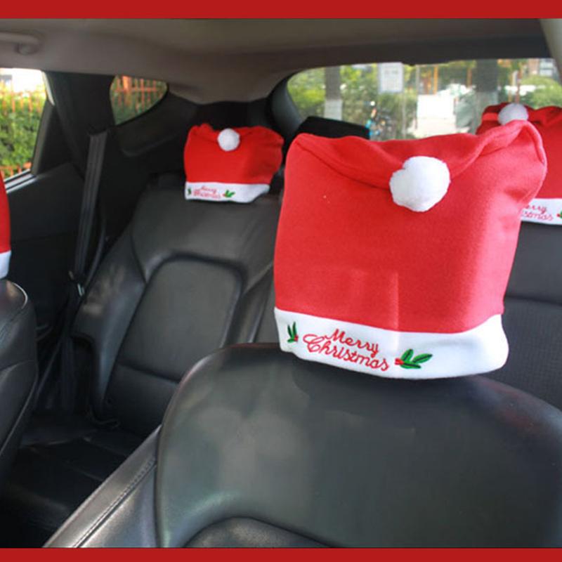 4Pcs Christmas Hat Car Headrest Dust Cover For New Year Car Decor All Inclusive Headrest Cover Seat Cap Universal Auto Interior