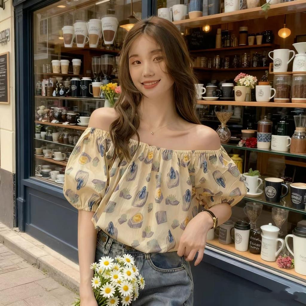 Chiffon floral top age-reducing girl short-sleeved Korean version summer one-word shoulder top bubble sleeve new foreign French style