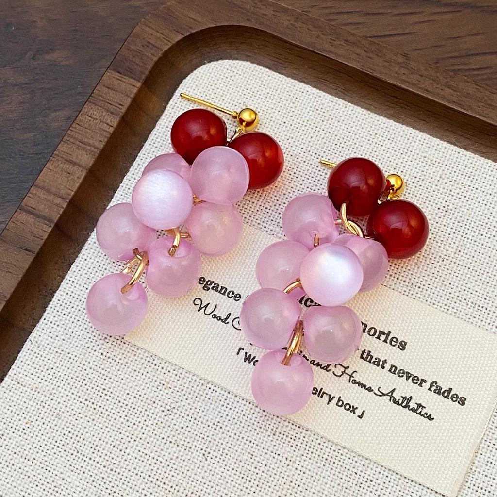 Red Berry Cluster Drop Earrings Fruit Inspired Dangle Earrings Gold Tone Hook Earrings for Women