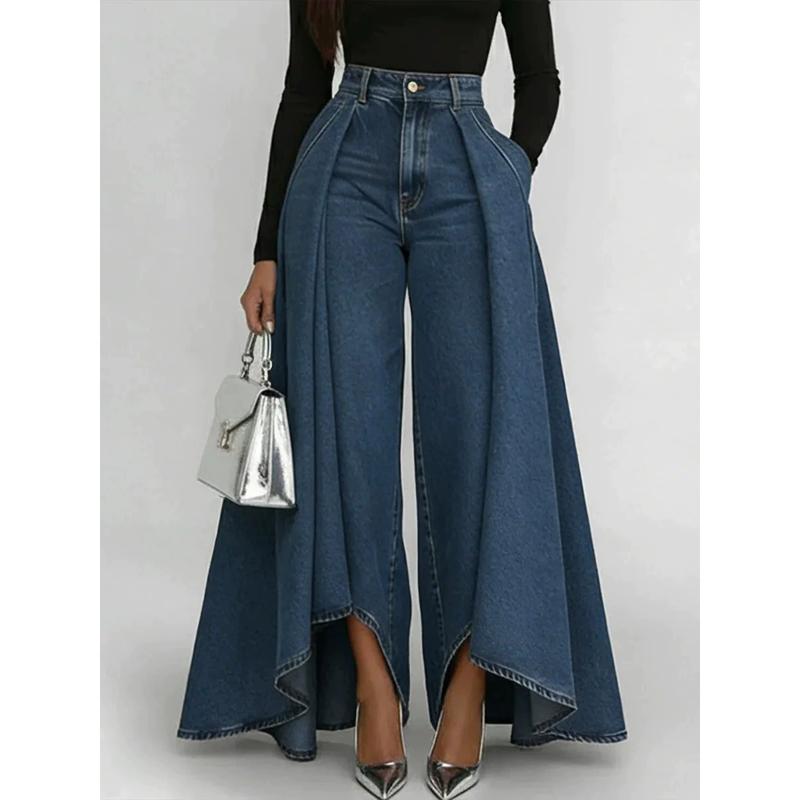 

Women s High Waisted Wide Leg Jeans Overlay Flare Denim Pants with Pockets for Female High Street Elegant Fashionable Long Jeans 2XL темно-синього кольору