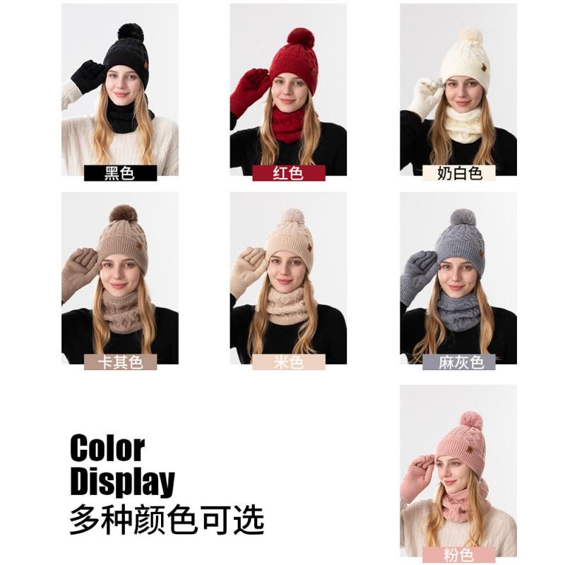 Womens Winter Knitted Hat Scarf Gloves Set Warm Fleece-Lined Beanie Outdoor Cycling Ear Protection