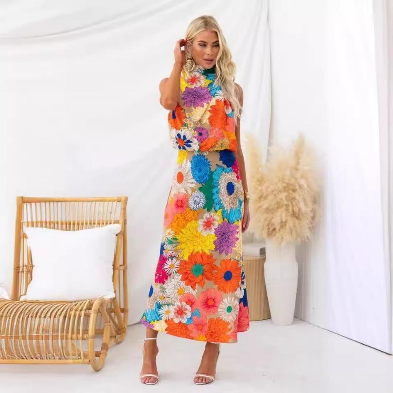 Women's Holiday Fashion Print Sleeveless Halter Waist Dress