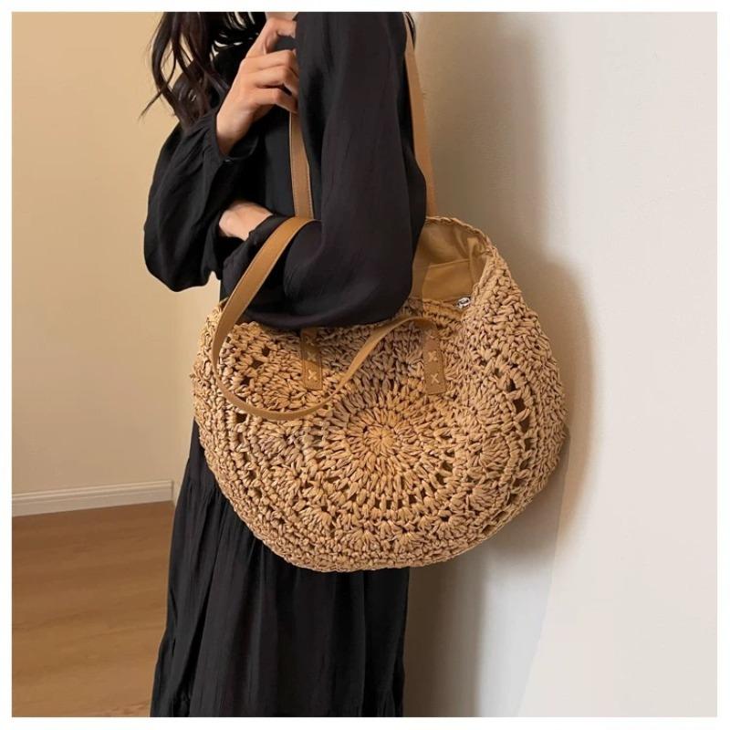 Versatile Shoulder Round Straw Bag Hand-woven Bag Large Capacity Portable Tote Bag Seaside Vacation Beach Bag