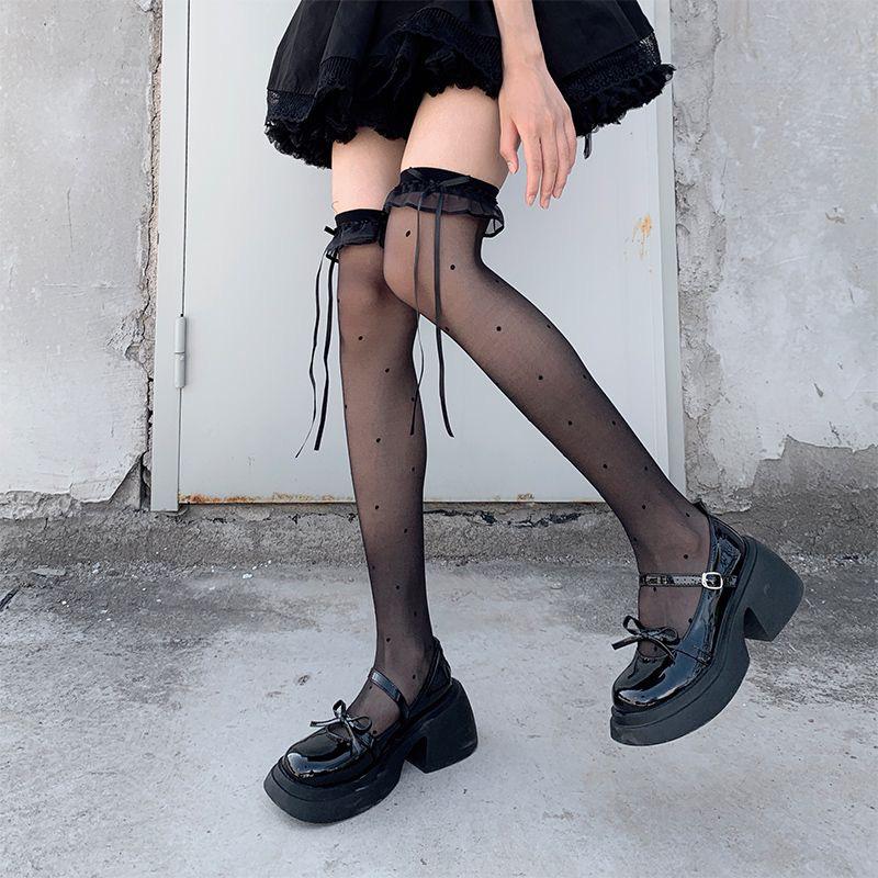 Women's Summer Lace Trim Over-the-Knee Black Stockings - Sexy Slim JK Calf Socks