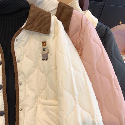 Bonito Bordado de Oso y Elegante Cuello de Contraste en Chaqueta de Algodón para Mujer, Manteniéndote Caliente y a la Moda en Invierno