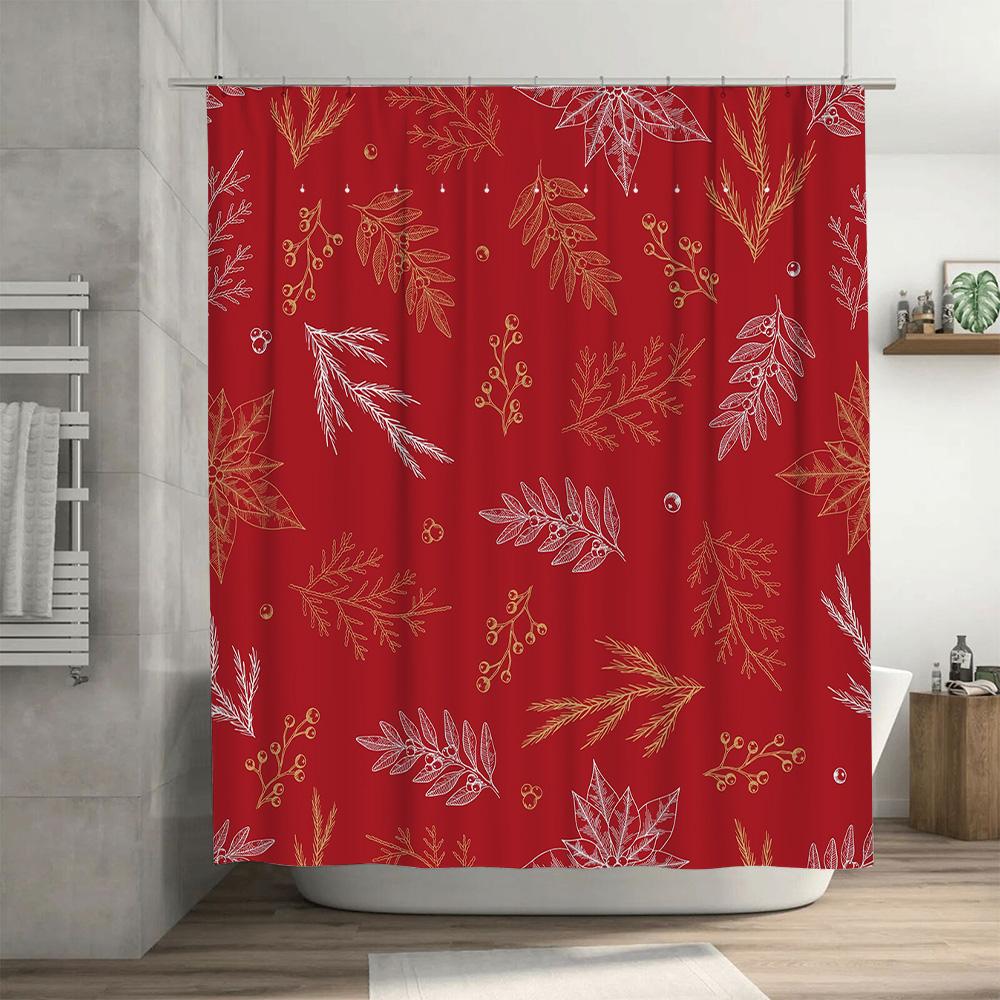 Luxury Christmas Shower Curtain Floral Print Home Decoration Waterproof Red Bath Mat Set Decoration for Bathroom Red/Floral Desi