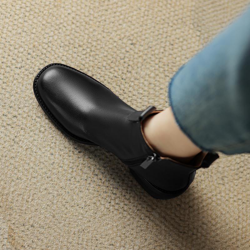 Krazing Pot Cow Skin Winter Square Toe Thick Heels Chelsea Fashion Boots Women Slip on Women Ankle Boots