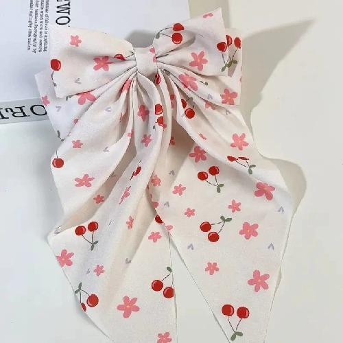 Double Layer Bow Spring Hair Clip Cherry Print Ponytail Hairpin Long Ribbon Fabric Hair Clip Girls Sweet Elegant Accessories New