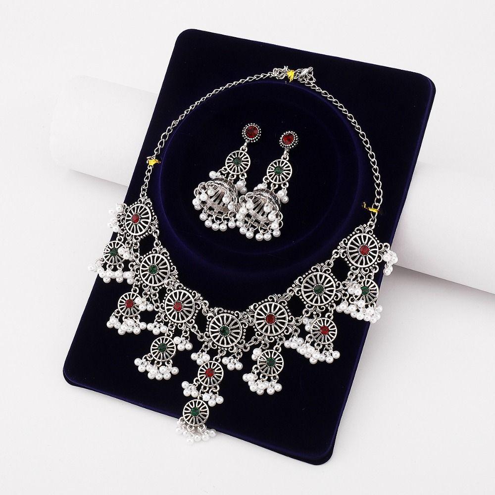 Korean Style Crystal Jewelry Set Turquoise Sparkling Necklace Sweet Rhinestone Tassel Earring  Gift
